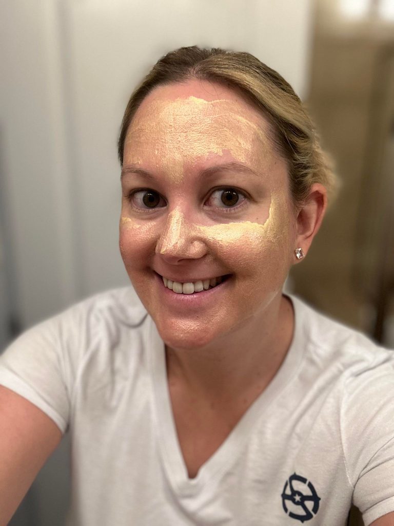Sarah wearing a clean skincare product on face, anti aging skin care routine 30s